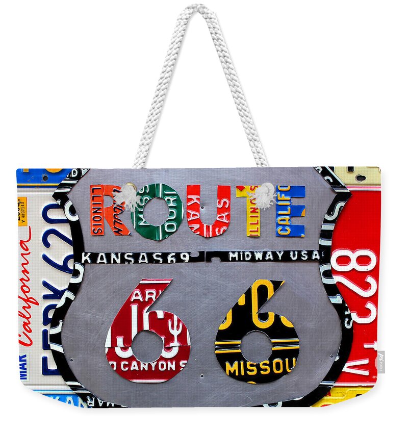 Route 66 Highway Road Sign License Plate Art Travel License Plate Map Weekender Tote Bag featuring the mixed media Route 66 Highway Road Sign License Plate Art by Design Turnpike