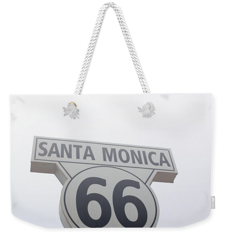 Route 66 Weekender Tote Bag featuring the photograph Route 66 Santa Monica- by Linda Woods by Linda Woods