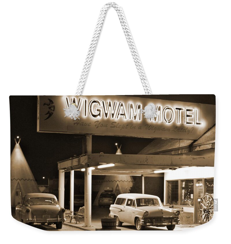 Tee Pee Weekender Tote Bag featuring the photograph Route 66 - Wigwam Motel by Mike McGlothlen