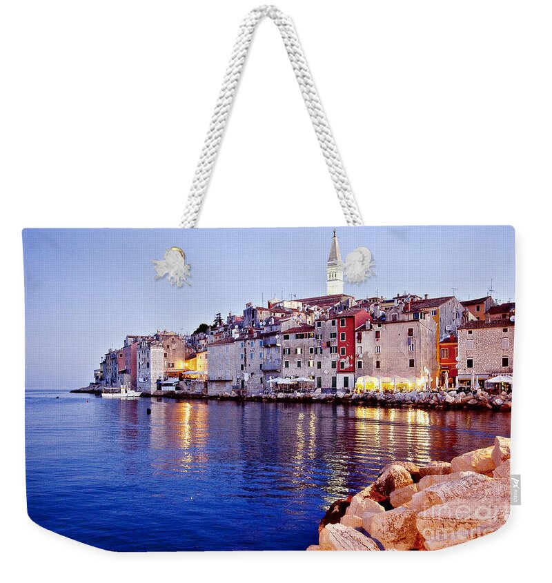 Seaside Weekender Tote Bag featuring the photograph Rovinj Seaside Scene in Croatia by Madeline Ellis
