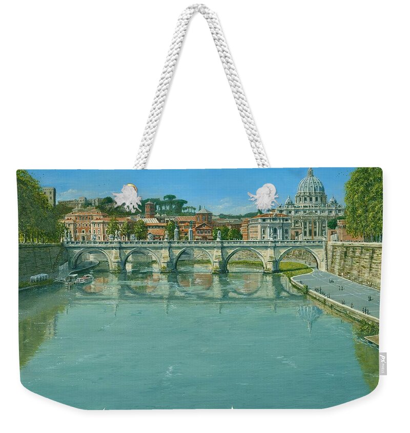Landscape Weekender Tote Bag featuring the painting Rowing on the Tiber Rome by Richard Harpum