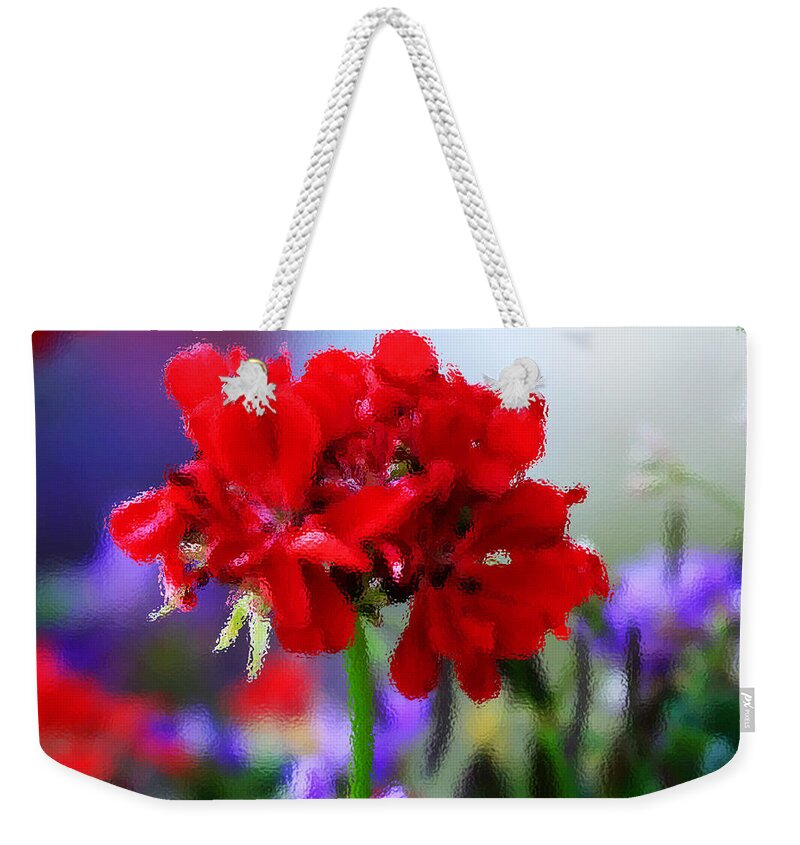Flowers Weekender Tote Bag featuring the photograph Royal colors through the glass by Toni Hopper