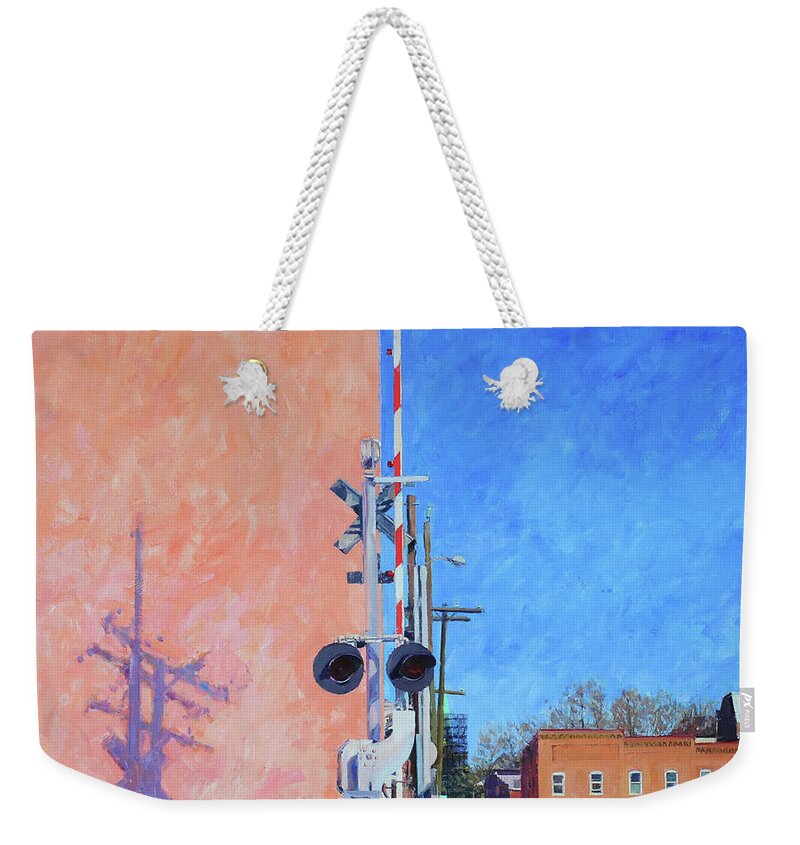 Pink Warehouse Weekender Tote Bag featuring the painting RR Crossing at the Pink Warehouse by Edward Thomas