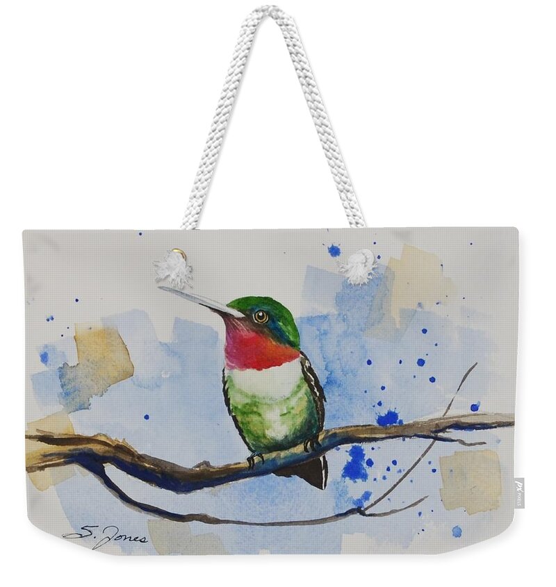 Ruby Throated Hummingbird Weekender Tote Bag featuring the painting Ruby Red Humdinger by Sonja Jones