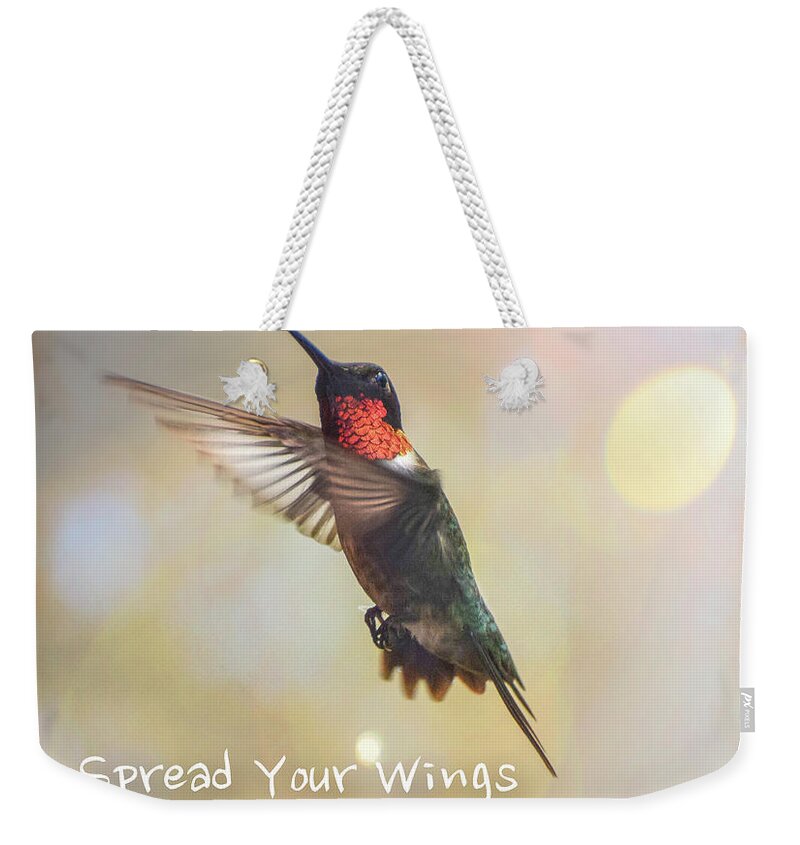  Ruby Red Throat Hummingbird Weekender Tote Bag featuring the photograph Ruby Red Hummingbird Soaring by Peggy Franz