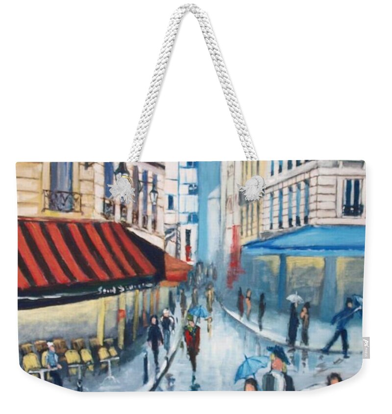 Paris Weekender Tote Bag featuring the painting Rue de la Huchette, Paris 5e by Jean Pierre Bergoeing