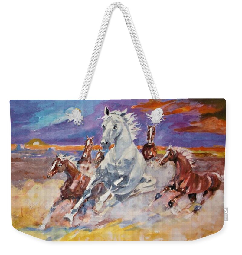 Stallions On The Move Weekender Tote Bag featuring the painting Running Free at Sundown by Al Brown