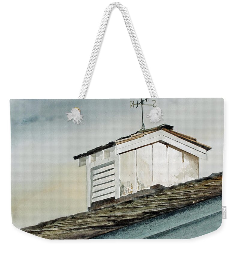 A Rooster Crowned Weather Vane Rises About A Weathered Cupola Atop A Wood Shingled Roof. The Evening Sun Is Reflected On The White Siding Of The Cupola.  Weekender Tote Bag featuring the painting Russels Rooster by Monte Toon