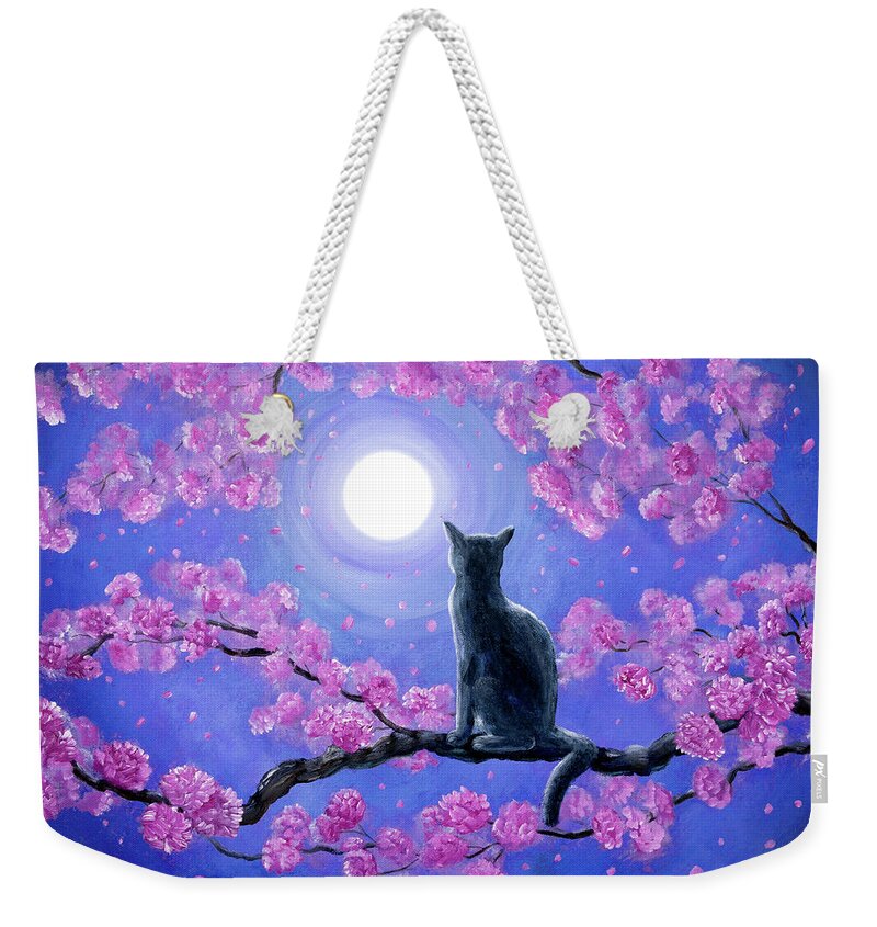 Kwanzan Weekender Tote Bag featuring the painting Russian Blue Cat in Pink Flowers by Laura Iverson