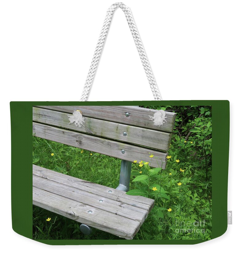 Wildflower; Tall Buttercup; Ranunculus Acris; Yellow; Bench; Rustic; Park; Flower Weekender Tote Bag featuring the photograph Rustic Bench and Buttercups by Ann Horn