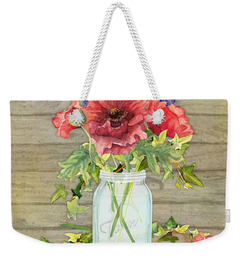 Watercolor Weekender Tote Bag featuring the painting Rustic Country Red Poppy w Alium n Ivy in a Mason Jar Bouquet on Wooden Fence by Audrey Jeanne Roberts
