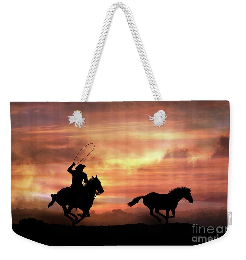 Cowboy Weekender Tote Bag featuring the photograph Rustic Country Western Cowboy and Wild Horse Silhouette by Stephanie Laird