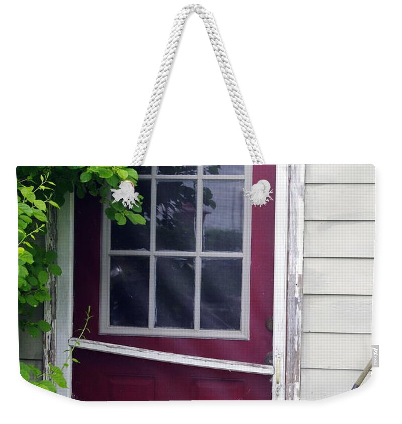 Red Weekender Tote Bag featuring the photograph Rustic Door by Mary Courtney