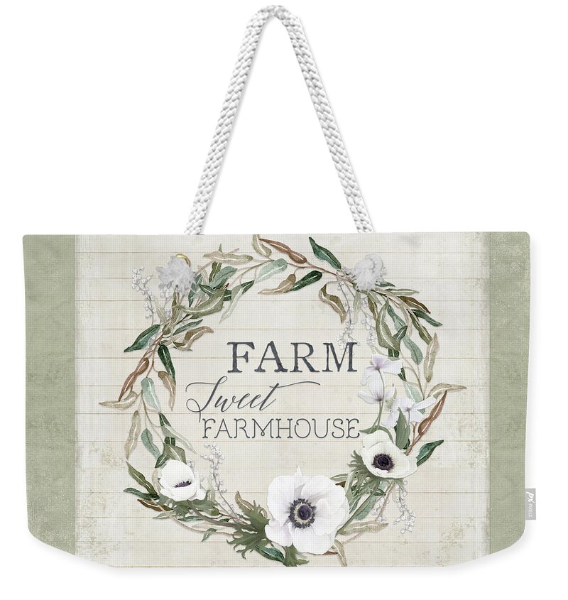  Weekender Tote Bag featuring the painting Rustic Farm Sweet Farmhouse Shiplap Wood Boho Eucalyptus Wreath N Anemone Floral by Audrey Jeanne Roberts