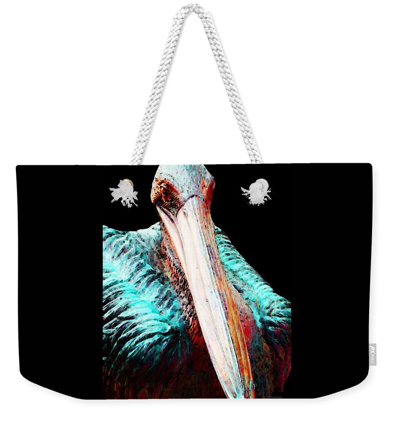 Pelican Weekender Tote Bag featuring the painting Rusty - Pelican Art Painting by Sharon Cummings by Sharon Cummings