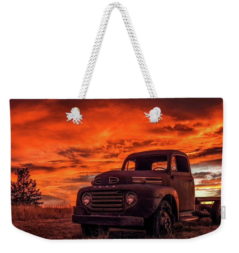1948 Weekender Tote Bag featuring the photograph Rusty Truck Sunset by Dawn Key