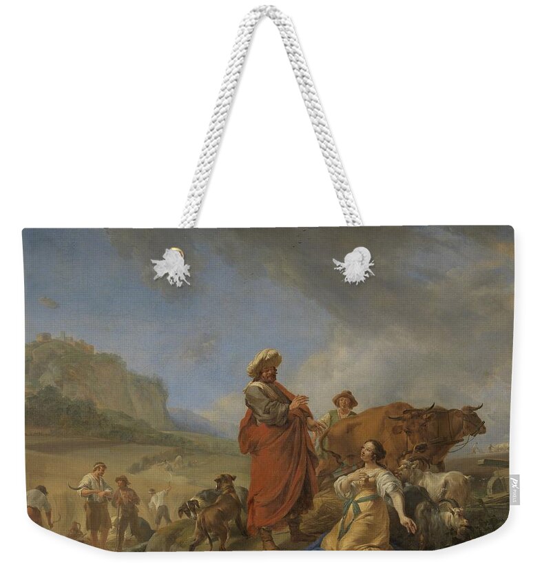 Nicolaes Pietersz Berchem Weekender Tote Bag featuring the painting Ruth and Boas, 1640-1650 by Vincent Monozlay