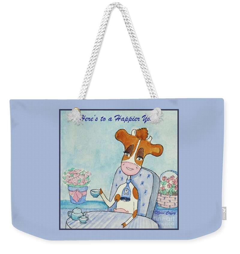 Ruthiemoo Weekender Tote Bag featuring the drawing RuthieMoo Here's To A Happier You by Joan Coffey