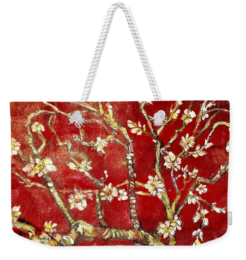Blossoms Weekender Tote Bag featuring the painting Sac Rouge avec Fleurs d'Almandiers by Belinda Low