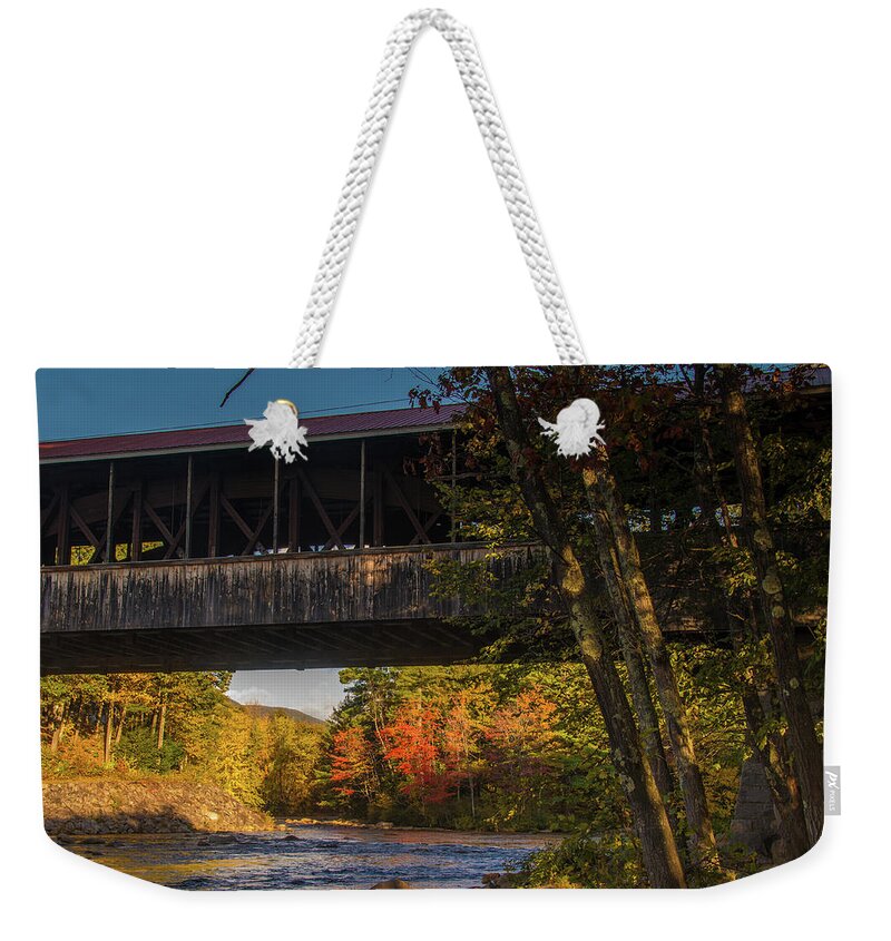 Covered Bridge Weekender Tote Bag featuring the photograph Saco River Covered Bridge by Tim Kathka