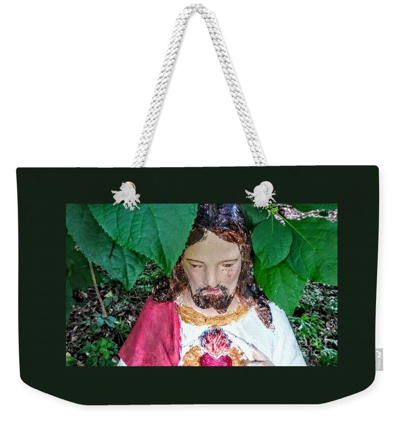 Sacred Heart Of Jesus In Garden Weekender Tote Bag featuring the photograph Sacred Heart of Jesus In Garden by Seaux-N-Seau Soileau