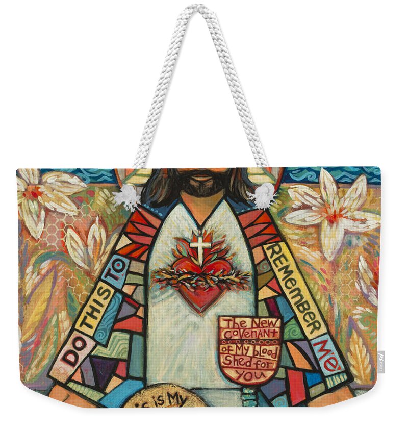 Jen Norton Weekender Tote Bag featuring the painting Sacred Heart of Jesus by Jen Norton
