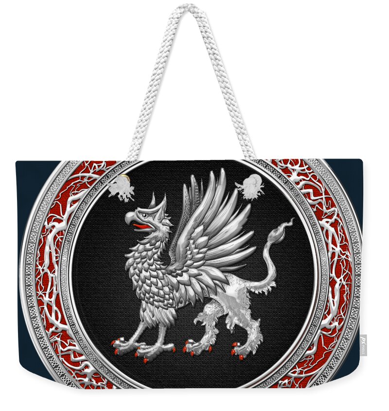 'treasure Trove' By Serge Averbukh Weekender Tote Bag featuring the digital art Sacred Silver Griffin on Blue Leather by Serge Averbukh