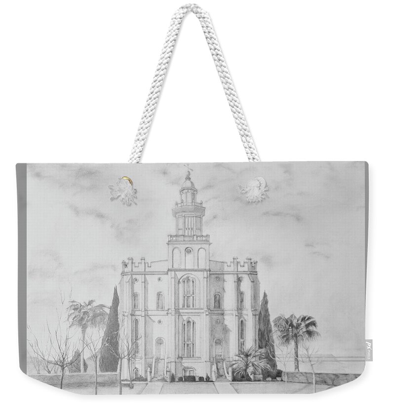 Lds Weekender Tote Bag featuring the drawing Sacred Steps - St. George Temple by Nila Jane Autry