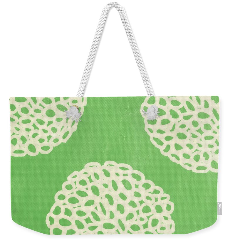 Sagegreen White Doodle Painting Abstract Ball Poof pottery Barn Style crate And Barrel Style west Elm Style ikea Style Pattern Dandelion Weekender Tote Bag featuring the painting Sage Garden Bloom by Linda Woods
