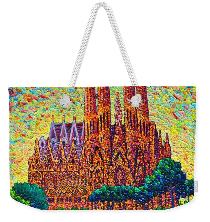 Sagrada Weekender Tote Bag featuring the painting Sagrada Familia Barcelona Modern Impressionist Palette Knife Oil Painting By Ana Maria Edulescu by Ana Maria Edulescu