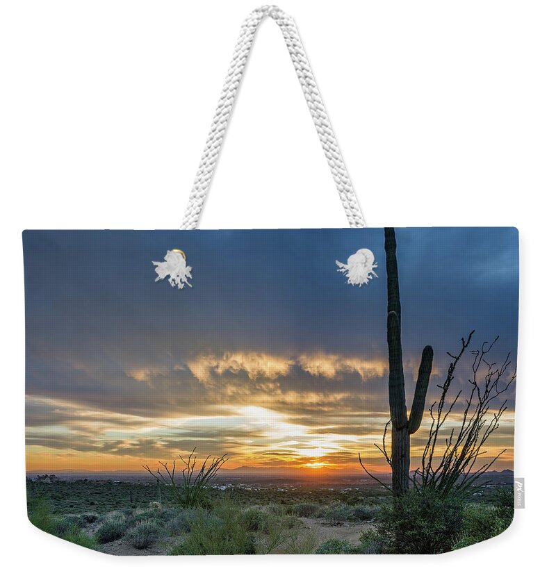 Superstition Mountains Weekender Tote Bag featuring the photograph Saguaro Sunset at Lost Dutchman by Greg Nyquist