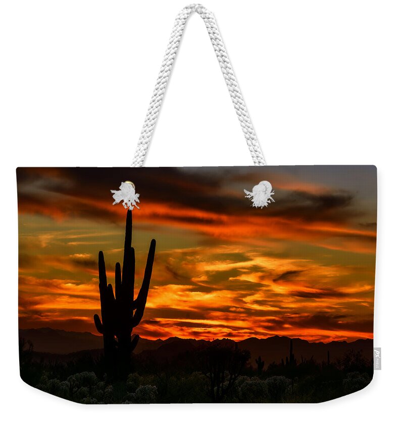 Arizona Weekender Tote Bag featuring the photograph Saguaro Sunset H51 by Mark Myhaver
