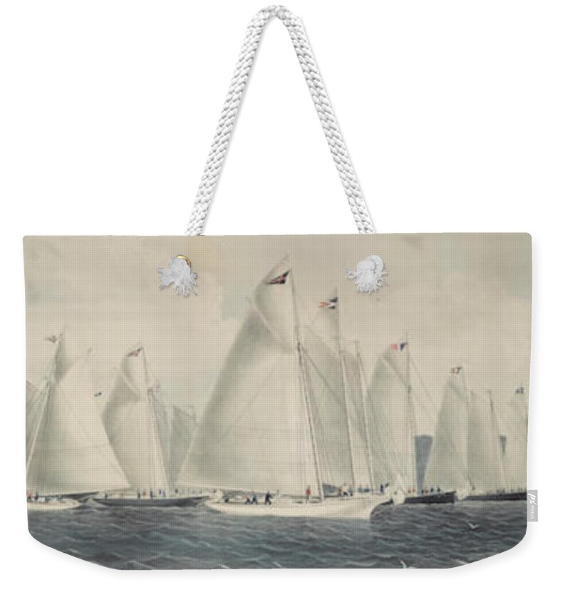 Sail Away By Currier & Ives Weekender Tote Bag featuring the painting sail away by Currier by MotionAge Designs