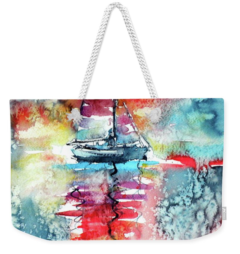 Boat Weekender Tote Bag featuring the painting Sailboat at the sinshine by Kovacs Anna Brigitta