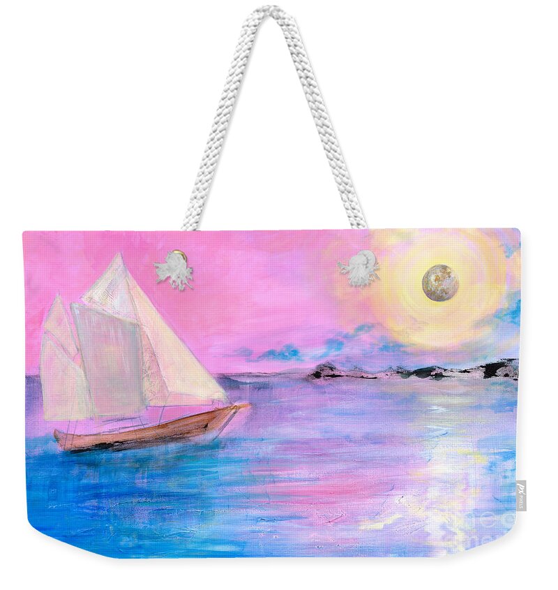 Sailboat Weekender Tote Bag featuring the painting Sailboat in Pink Moonlight by Robin Pedrero