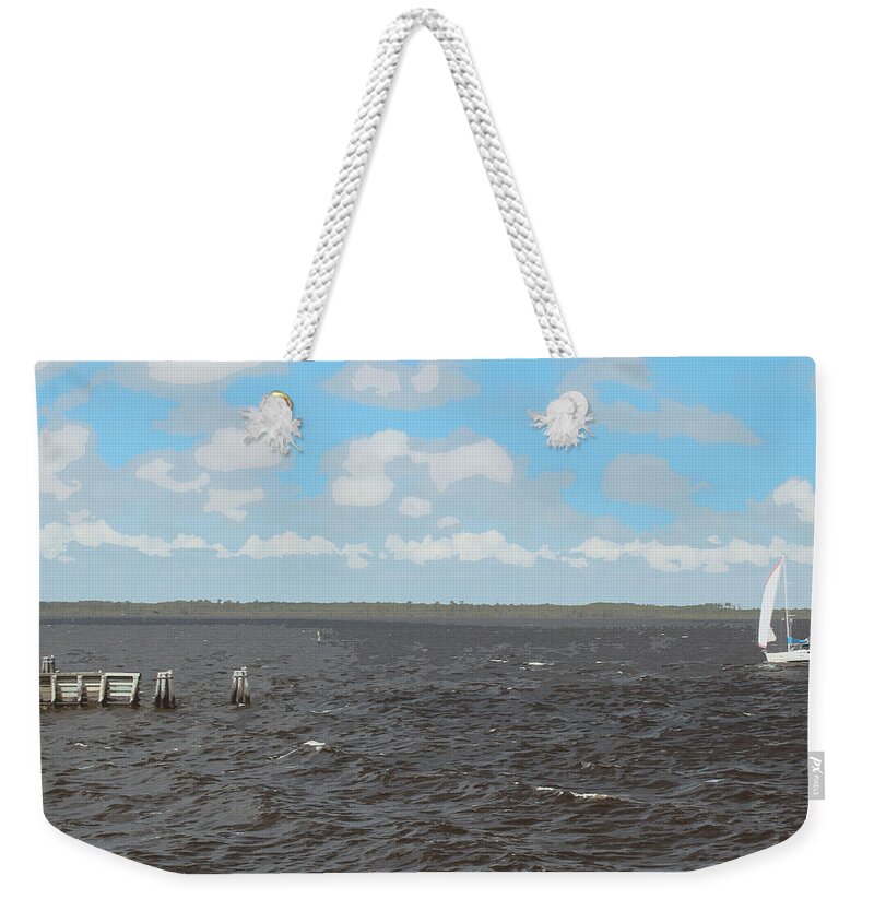 Sailboat Weekender Tote Bag featuring the painting Sailboat on the bay by Darrell Foster