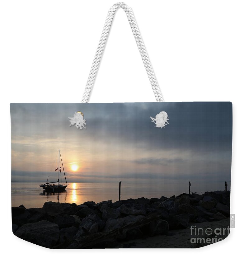 Yorktown Weekender Tote Bag featuring the photograph Sailboat River Sunrise by Lara Morrison