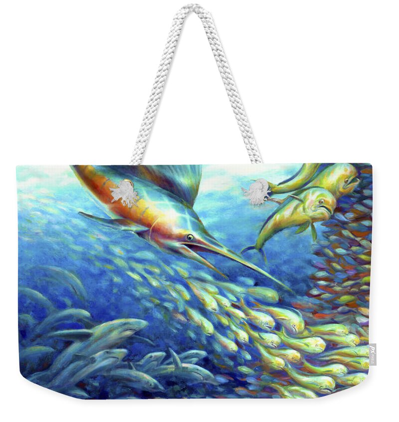 Oil Painting Weekender Tote Bag featuring the painting Sailfish Plunders Baitball II - Sharks and Dolphin Fish by Nancy Tilles