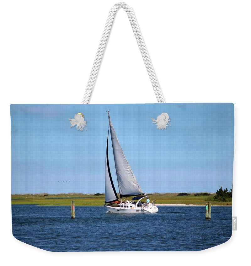 Boat Weekender Tote Bag featuring the photograph Sailing At Masonboro Island by Cynthia Guinn