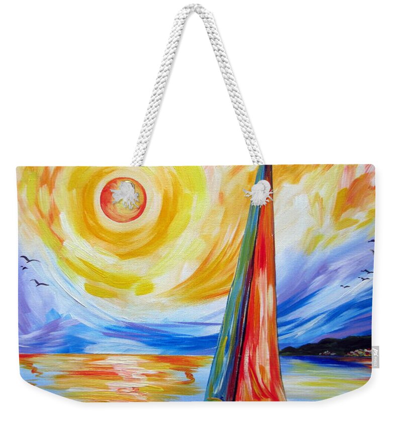 Sails Weekender Tote Bag featuring the painting Sailing In The Hot Summer Sunset by Roberto Gagliardi