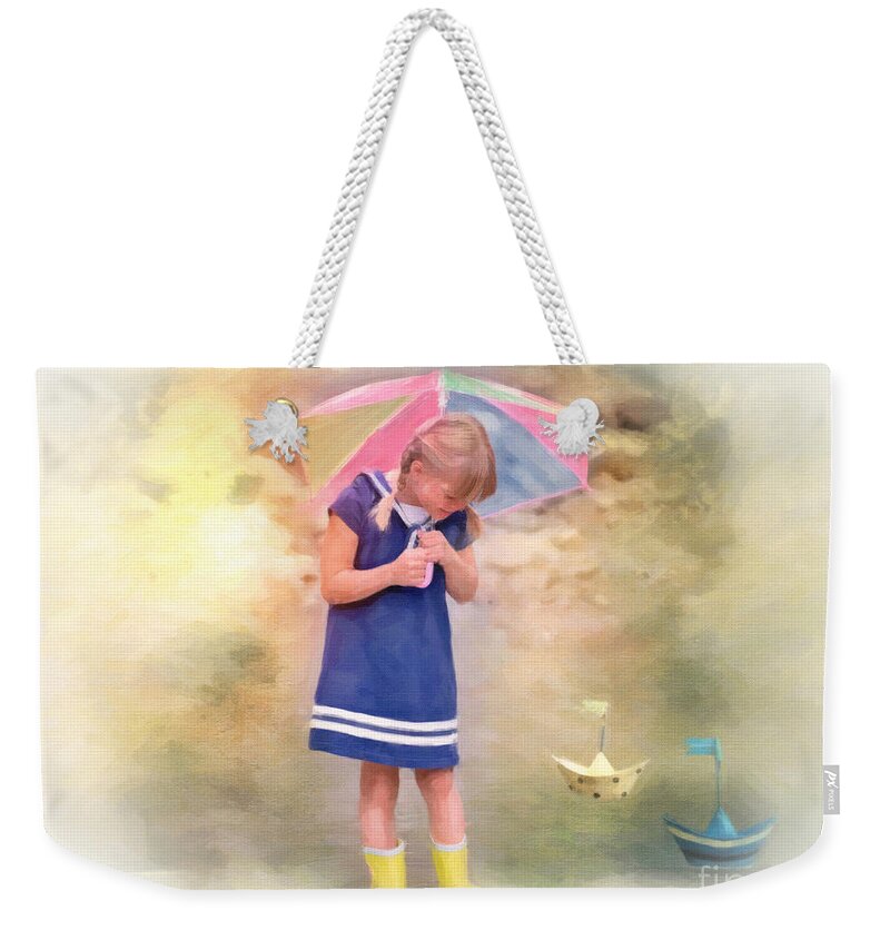 Summer Weekender Tote Bag featuring the painting Playing in the Rain by Chris Armytage