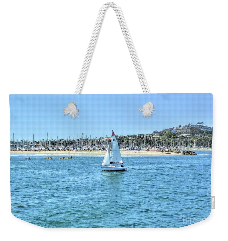 California; Santa Barbara Weekender Tote Bag featuring the photograph Sailing out of the Harbor by Joe Lach