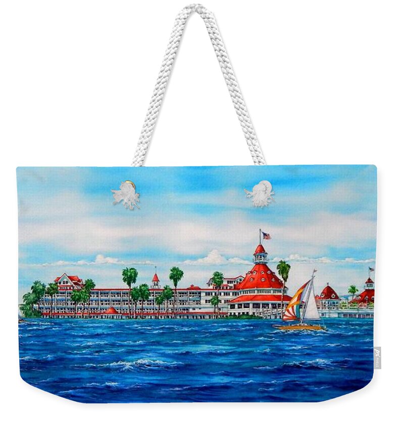 Del Weekender Tote Bag featuring the painting HOTEL DEL CORONADO, Sailing over Hotel Del Coronado by John YATO