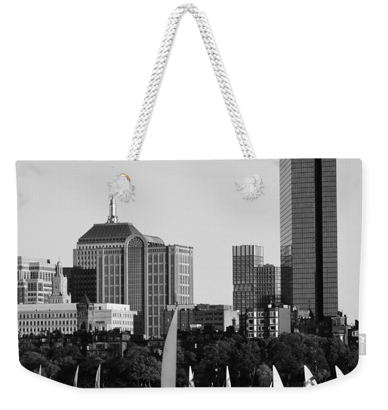 Charles Weekender Tote Bag featuring the photograph Sailing the Charles River Boston MA Black and White by Toby McGuire