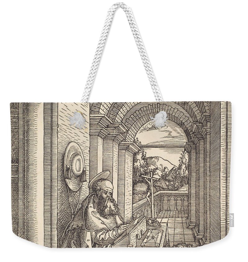  Weekender Tote Bag featuring the drawing Saint Jerome Writing by Hans Springinklee