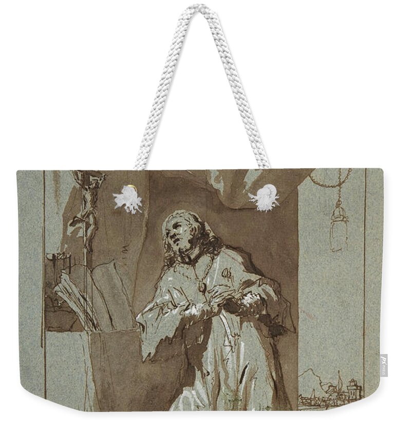 Georg Anton Urlaub Weekender Tote Bag featuring the drawing Saint John Nepomuk Praying by Georg Anton Urlaub