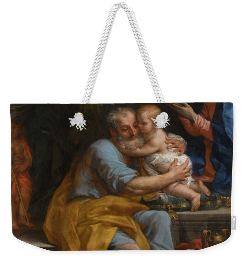 Carlo Maratta The Holy Family Weekender Tote Bag featuring the painting Saint Joseph Embracing The Christ Child by Carlo Maratta