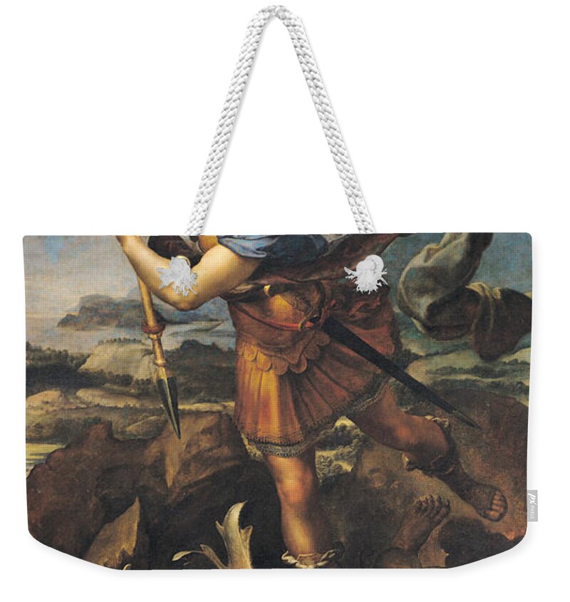 Michael Weekender Tote Bag featuring the painting Saint Michael Overwhelming the Demon by Raphael