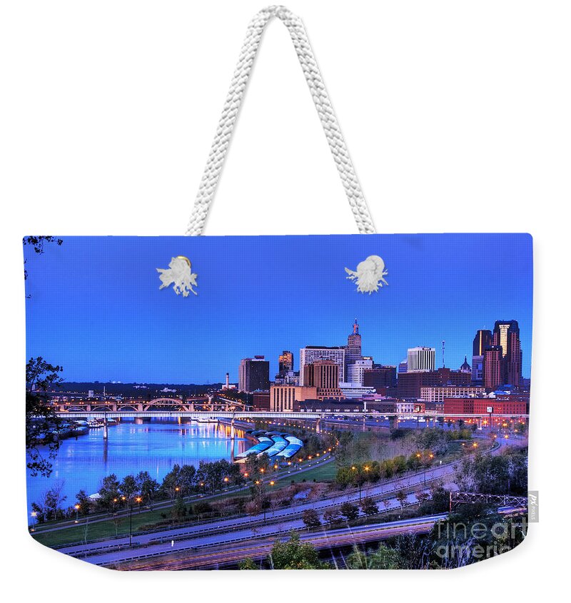 Mounds Park Weekender Tote Bag featuring the photograph Saint Paul Minnesota Skyline Blue Morning Light by Wayne Moran