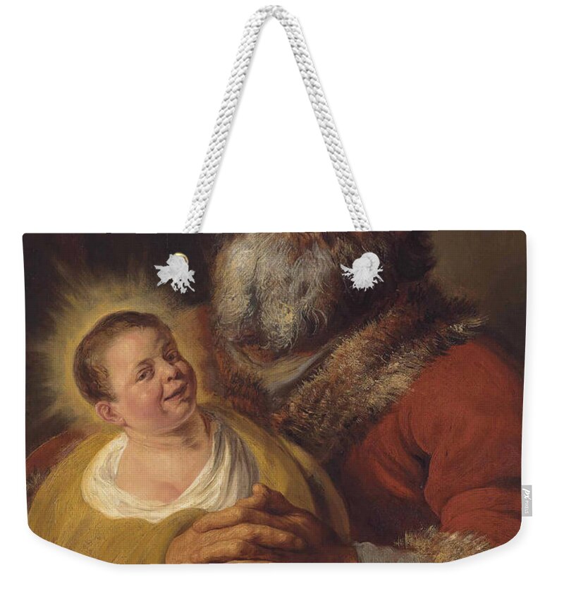 Jan Lievens Weekender Tote Bag featuring the painting Saint Simon with the Christ Child by Jan Lievens